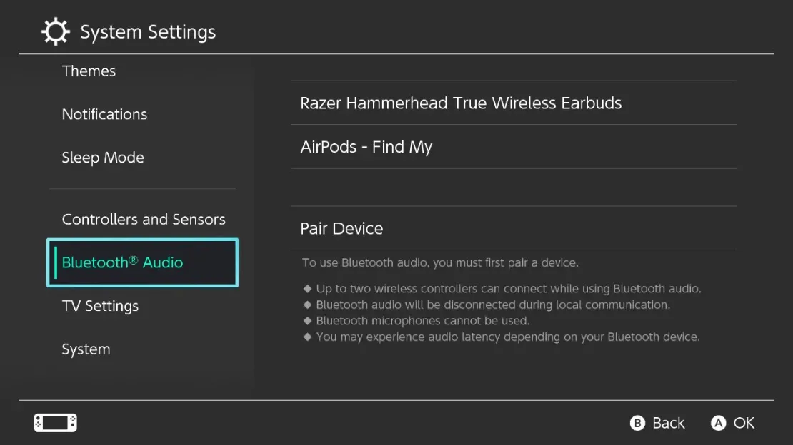 Switch Bluetooth Settings