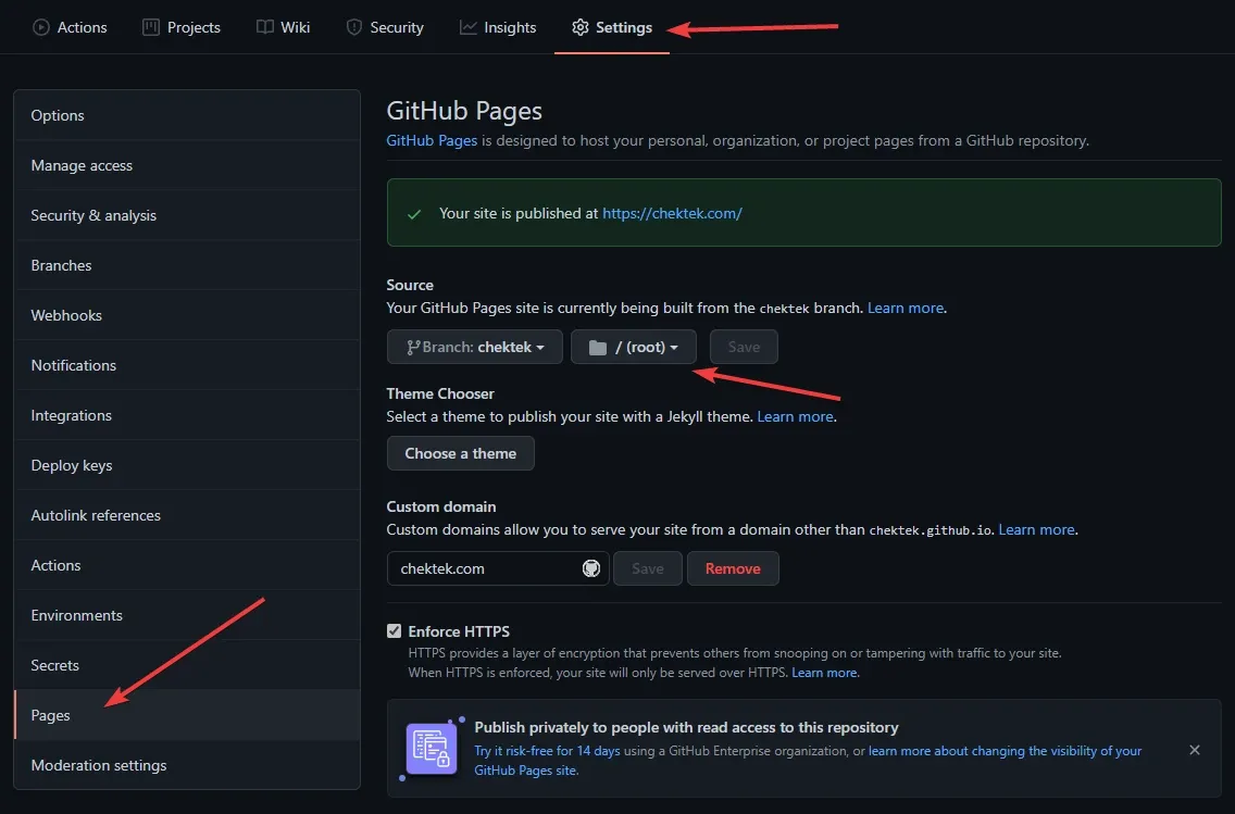 Github Pages settings