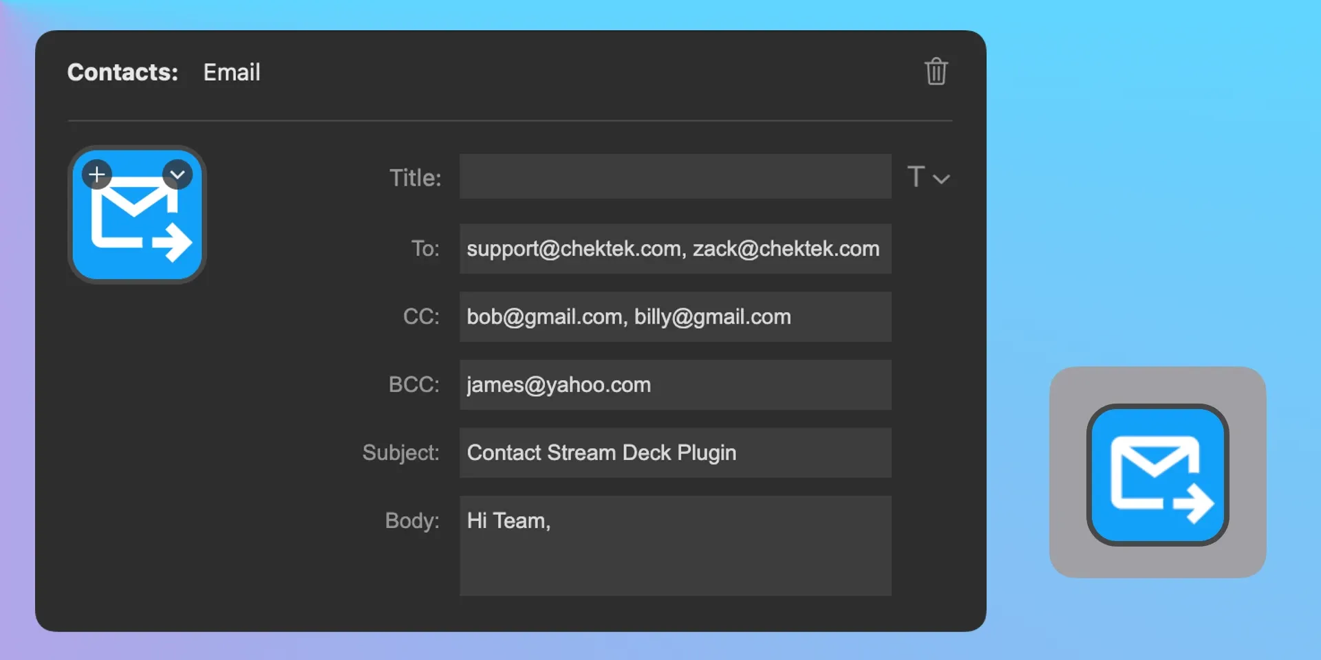 Contacts is a Stream Deck plugin that simplifies your communication tasks. With a single key press, you can open your default mail application with a preconfigured message, start a phone call with your default phone app, or start a text message.